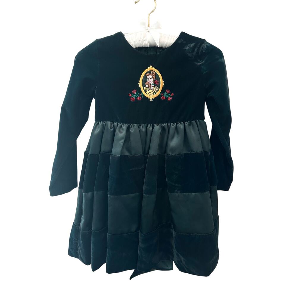 YOUNGLAND 90s Disney Belle Green Velvet Satin Bow Holiday Dress Girls Size 6